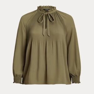 Lauren Ralph Lauren Olive Green Pleated Georgette Tie-Neck Blouse
